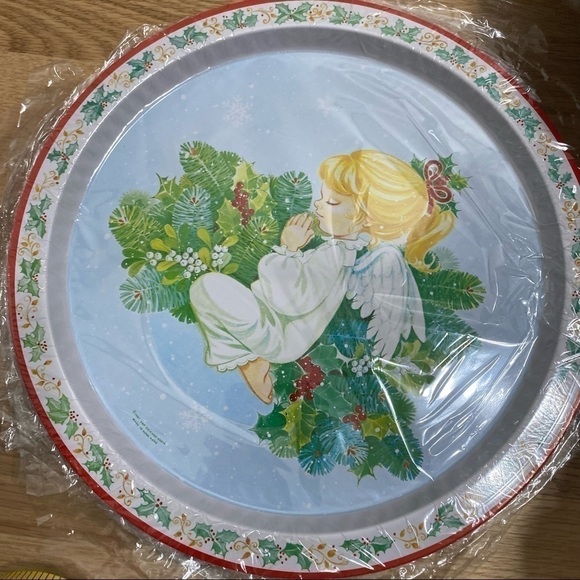 Vintage Metal Angel Print Christmas Serving Tray Circle NEW Cookie 1987 - Picture 6 of 6